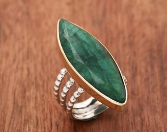 Handmade Sterling Silver Emerald Ring: Large Marquise Boho Jewelry