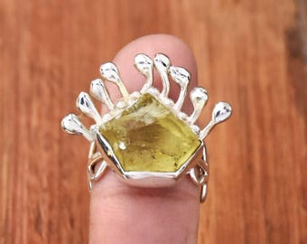 Raw Lemon Quartz Ring: Sterling Silver Wire Wrap, Bohemian Jewelry
