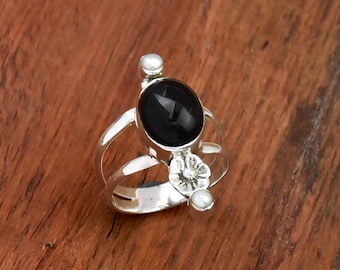 Black Onyx Pearl Flower Ring: 925 Sterling Silver Statement Ring, Gift For her