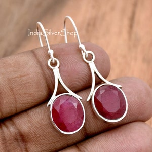 Ruby Earrings, 925 Sterling Silver Earrings, Dangle & Drop Earrings, Red Ruby Earrings, Handmade Silver Earrings, Gift for her