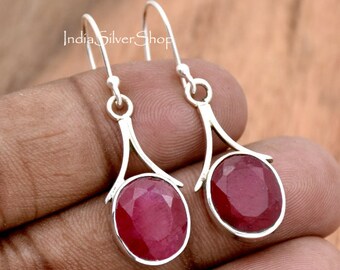 Ruby Earrings, 925 Sterling Silver Earrings, Dangle & Drop Earrings, Red Ruby Earrings, Handmade Silver Earrings, Gift for her