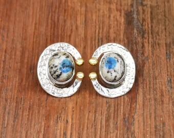 K2 Jasper Crescent Moon Earrings: 925 Sterling Silver Hammered Studs Earrings.