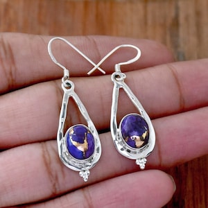 Purple Copper Turquoise Earrings, 925Sterling Silver, Oval Stone Earrings, Boho Earrings, Filigree Earrings, Hammered Earrings, Gift For Her