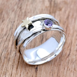 Amethyst Ring, 925 Sterling Silver Spinner Ring, Meditation Ring Dainty Hammered Ring Fidget Ring Star Ring Handmade Jewelry Gift For Her