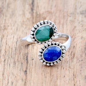Emerald and Sapphire Ring: Handmade Sterling Silver Adjustable Boho Ring