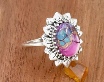 Pink Oyster Turquoise Ring: Handmade Sterling Silver Filigree Ring