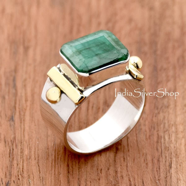 Indian Emerald Ring, Handmade Ring Sterling silver Ring Cushion Gemstone Ring Wide band ring Two Tone ring Statement Ring Wedding jewelry