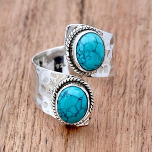 Adjustable Turquoise Ring: Hammered 925 Sterling Silver Statement Ring