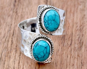Adjustable Turquoise Ring: Hammered 925 Sterling Silver Statement Ring