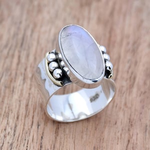Moonstone Ring 925 Sterling Silver Ring handmade Ring Big Oval ring, Wide Band Ring, Hammered Ring Statement Ring Bohemian Ring Gift For Her