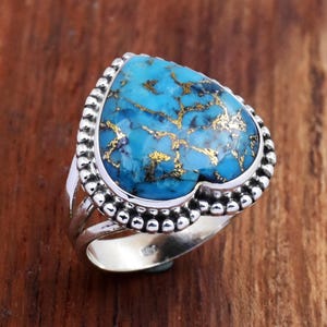 Blauer Türkis Ring, 925 Sterling Silber Ring, Herz Ring, Statement Ring, Mohave Ring Boho Ring Dreifach Bandring, filigraner Ring