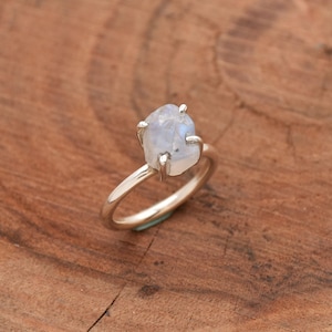Raw Moonstone Ring: Handmade 925 Sterling Silver, Boho Hippie Style