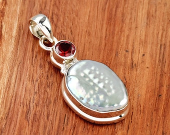 Sterling Silver Pearl & Garnet Pendant - Two Stone Boho Necklace