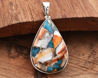 Ciondolo a goccia turchese: rame ostrica, argento sterling 925, fatto a mano