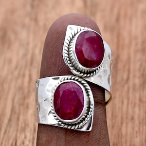 Two Indian Ruby Ring 925 Sterling Silver Ring July Birthstone Ring, Adjustable Ring, Wide Silver Ring, Hammered Ring, Boho Ring Gift For Her