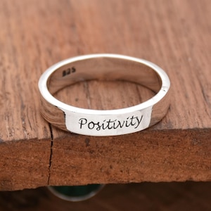 Positivity Engraved Band Ring: 925 Sterling Silver Band, Inspirational Quote