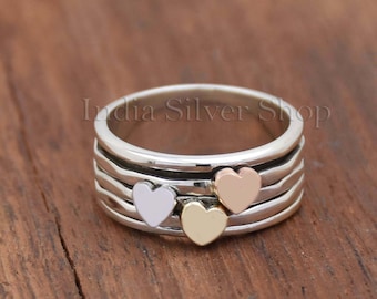 Three Heart Spinner Ring, Narrow Band, Hammered Ring, Spinning Ring, Two Tone Ring, Spinning Ring, Meditation Ring, Brass Copper Silver Ring