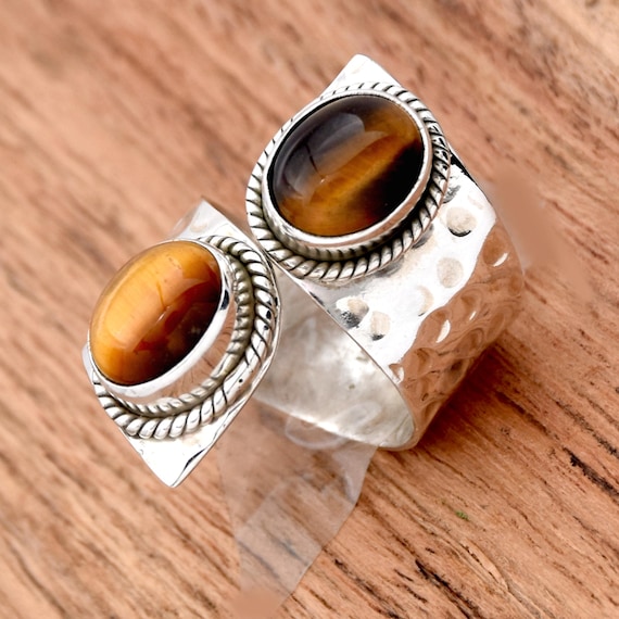 Sterling Silver Tiger Eye Ring: Hammered Wide Band Bohemian