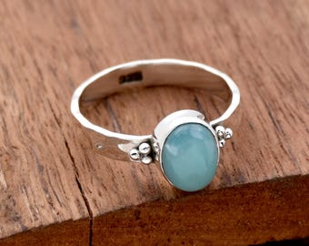 Oval Larimar Ring, Hammered Sterling Silver, Multi Beads