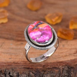 Pink Oyster Turquoise Ring, 925 Sterling Silver Ring, Hammered Ring Oval Ring, Designer Ring, Filigree Ring Statement Ring, Anniversary Ring