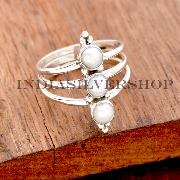 Natural Pearl Ring, Handmade Ring, 925 Sterling Silver Ring, Round Fresh Water Pearl Ring, Triple pearl Ring, Boho Ring,