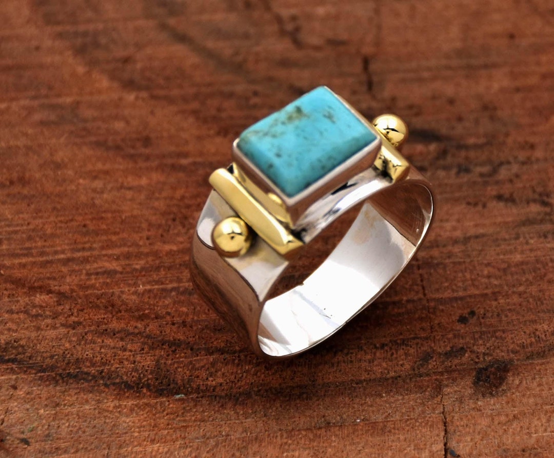 Natural Turquoise Sterling Silver Ring: Wide Band Beaded Ring - Etsy