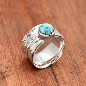 Turquoise Spinner Ring, 925 Silver Ring, Textured Band Ring, Boho Spinner Ring, Wide Band Ring, Blue copper turquoise Ring, Meditation Ring
