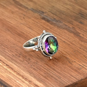 Rainbow Mystic Topaz Ring: Sterling Silver Beaded Filigree Gemstone