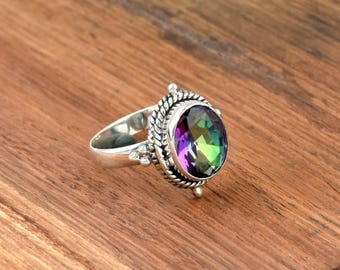 Rainbow Mystic Topaz Ring: Sterling Silver Beaded Filigree Gemstone