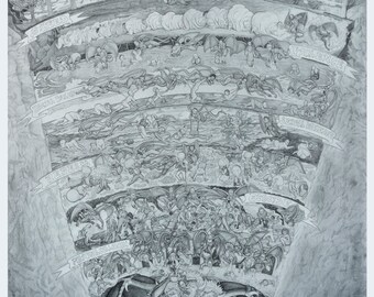 May include: A detailed pencil drawing illustrating Dante's Inferno. The artwork shows layers of hell with scenes of suffering, labelled with text including "Limbo" and "Violence." The title "Our Inferno" is at the top of the image.