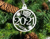 Covid 2021 Tribute Bauble, 4mm Wood painted white both sides. Ideal gift to those Vaccinated, Covid, Mask, Syringe