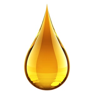 May include: A single, glossy, golden-yellow teardrop shape against a white background. The droplet has a smooth, reflective surface, with highlights and shadows suggesting a liquid consistency. The overall effect is clean and minimalist.