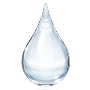 Può includere: Una singola goccia d'acqua trasparente a forma di lacrima, sospesa in aria, con una leggera ombra sottostante.