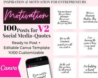 100 Motivation Social Media Posts for Entrepreneurs V2, women, Boss Ladies, Ready to post Instagram and Editable Canva Template