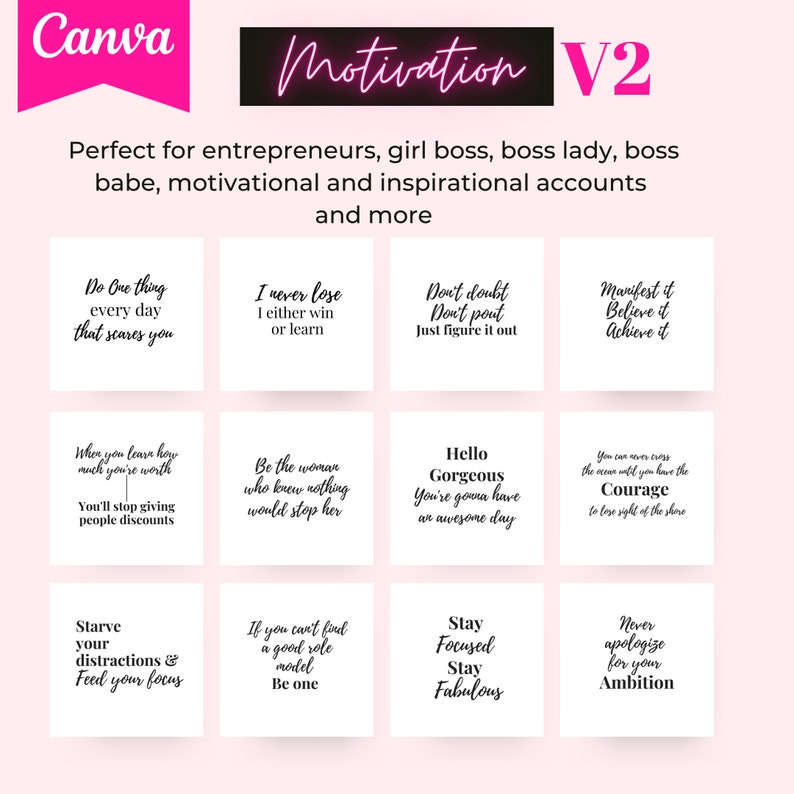 100 Motivation Social Media Posts for Entrepreneurs V2, women, Boss Ladies, Ready to post Instagram and Editable Canva Template image 2
