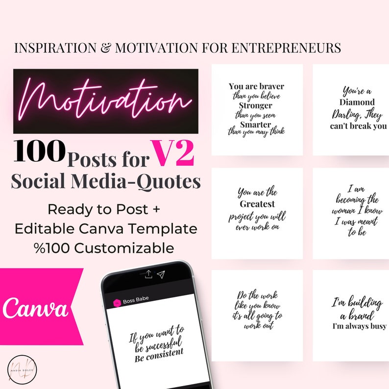 100 Motivation Social Media Posts for Entrepreneurs V2, women, Boss Ladies, Ready to post Instagram and Editable Canva Template image 1