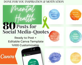80 Mental Health Social Media Posts Quotes Instagram Done for you ready + editable Canva template