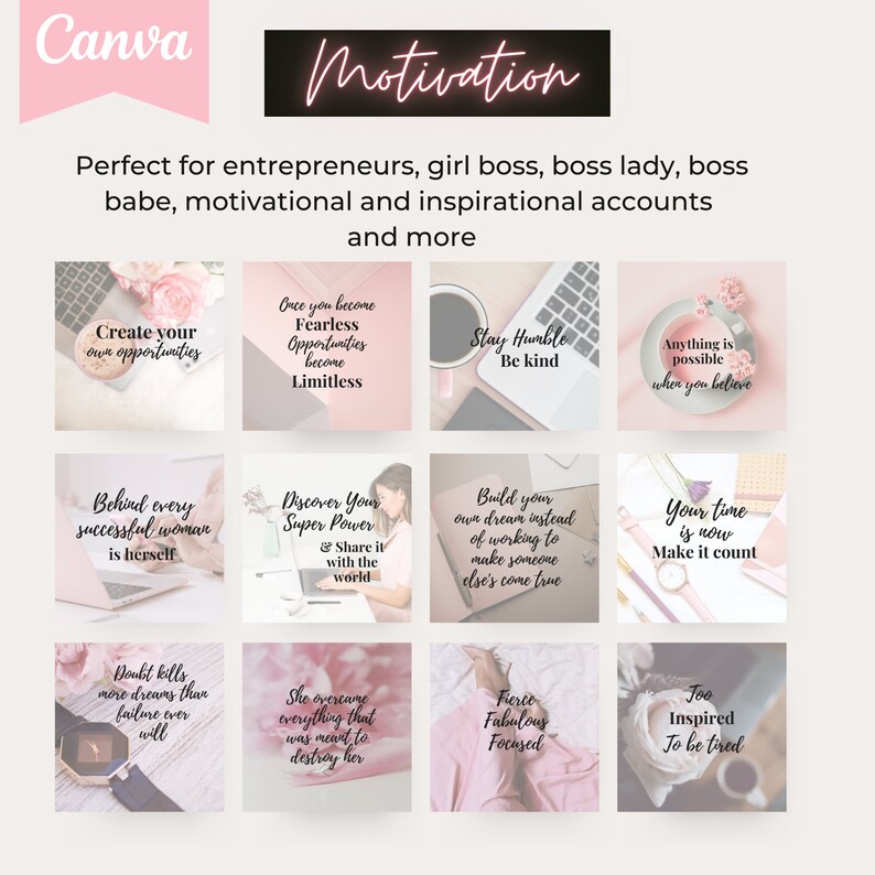 Motivational Entrepreneur 75 Social Media Posts Instagram Canva Editable template Boss Ladies, for women, girl bosses, inspirational image 2