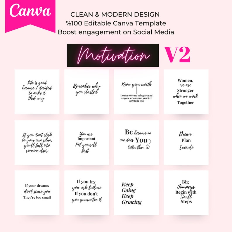 100 Motivation Social Media Posts for Entrepreneurs V2, women, Boss Ladies, Ready to post Instagram and Editable Canva Template image 3