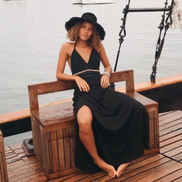 Black Boho Wedding Dress Crochet Halter Top || Long Summer Slip Dress Hight Waist Crinkle Skirt