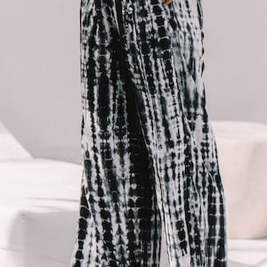 Women Long Pants High Waist Tie Dye Pattern Boho Trousers Wide Leg Large Size Summer Outfit Black/White