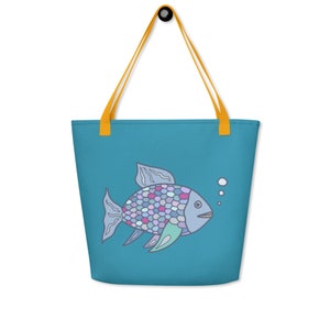 Rainbow Fish - Large Turquoise Beach Bag