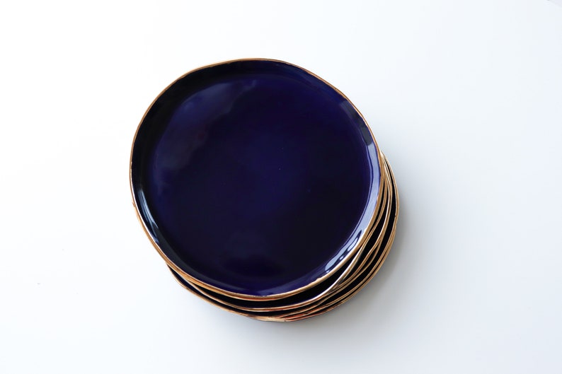 Handmade ceramic cake plate Cobalt blue desert plate with 24 k gold edge Dark blue plate. Lovely kitchen dish Ready to ship dinnerware