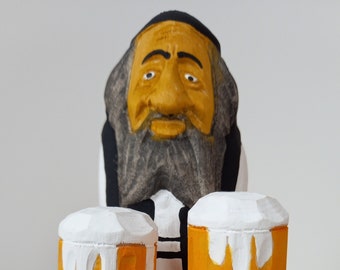 Jew figurine with beer, Jew of Wood, Wood Carving, Wooden Statue, Home decoration, Perfect for a gift