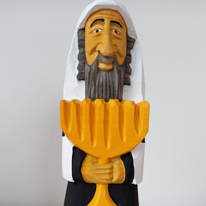 Jew figurine with Menorah, Jew of wood, Wood Carving, Jewish Man with Menorah, Home decoration, Perfect for a gift  Wooden Statue,