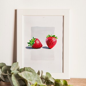 FRAGOLA. Guazzo su carta, disegnato a mano, piccolo dipinto, formato A5, pittura, pittura di natura morta, pittura di frutta, arredamento, estetica,