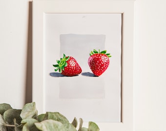 STRAWBERRY. Gouache on paper, hand drawn, small painting, A5 format, painting, still life painting, fruit painting, decor, aesthetic,