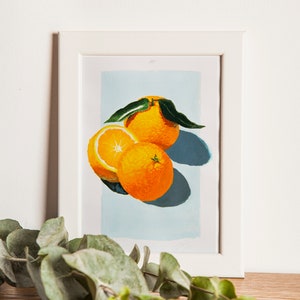 ARANCIA. Guazzo su carta, disegnato a mano, piccolo dipinto, formato A5, pittura, pittura di natura morta, pittura di frutta, arredamento, estetica, arte carina