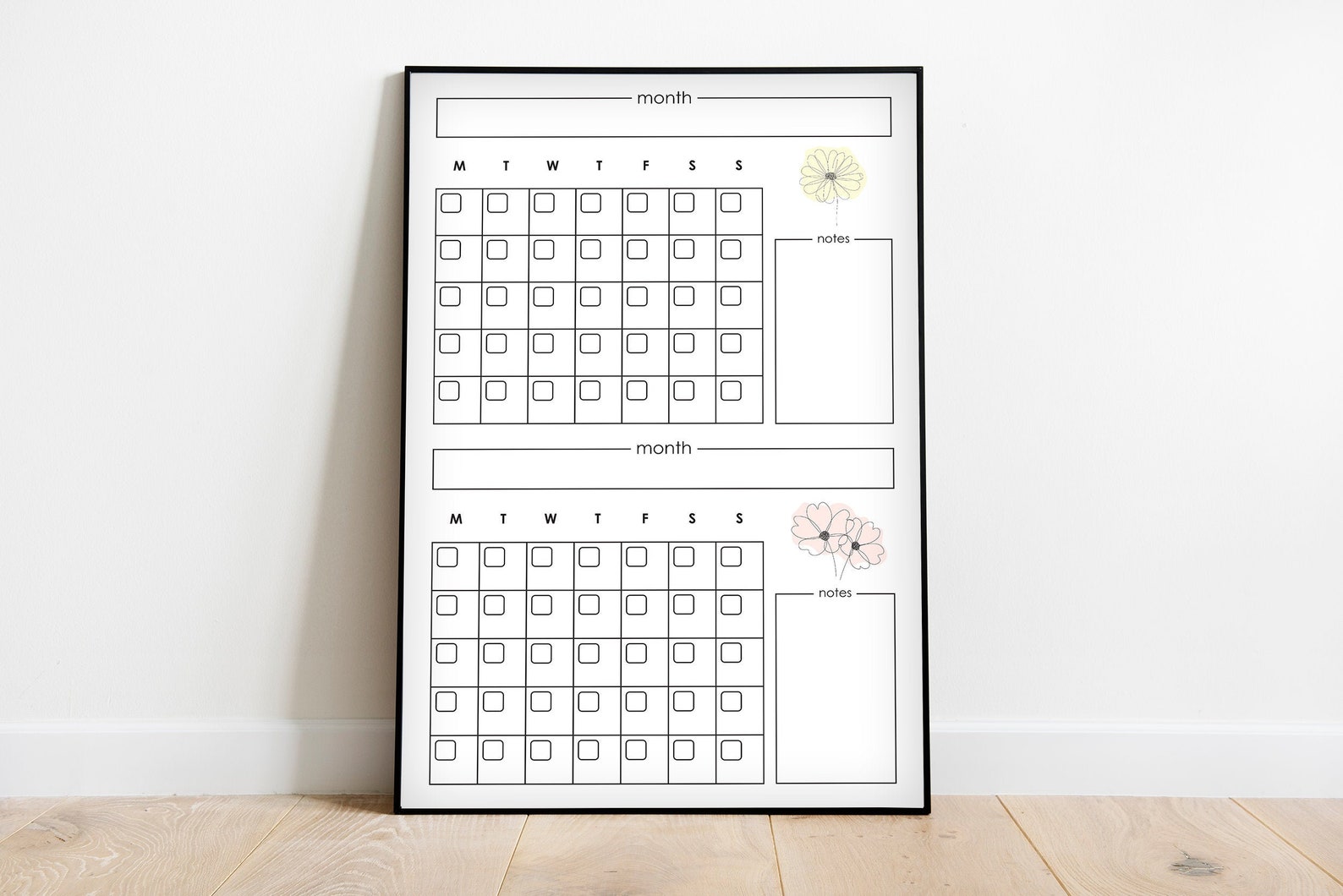 Blank Double Month Flower Calendar A4, A3, 24x36 Inch, Pastel Style