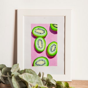 KIWI. Guazzo su carta, disegnato a mano, piccolo dipinto, formato A5, pittura, pittura di natura morta, pittura di frutta, arredamento, estetica, arte carina